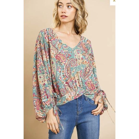 Umgee Tops - Umgee Womens Large Paisley Print Puff Dolman Sleeve Boho Blouse Top